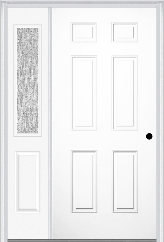 MMI 6 PANEL 3'0" X 6'8" FIBERGLASS SMOOTH EXTERIOR PREHUNG DOOR WITH 1 HALF LITE CLEAR OR PRIVACY/TEXTURED GLASS SIDELIGHT 21